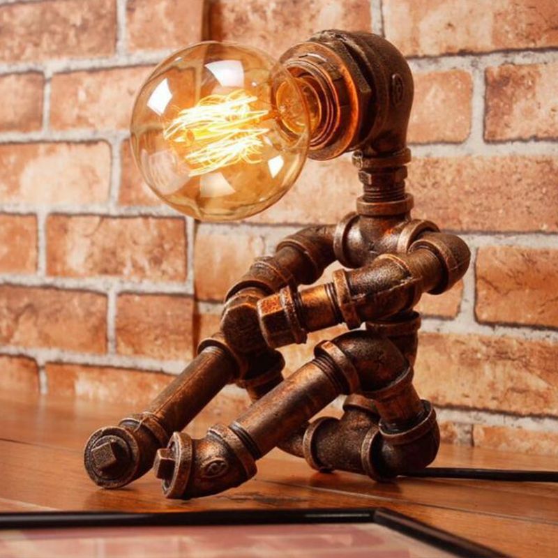 1-Light Pipe Robot Table Lamp Industrial Antiqued Bronze Metal Night Stand Light for Bedroom