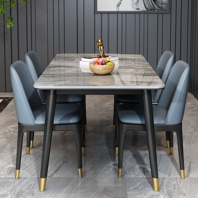 Stone Top Dining Table Modern Rectangle Table with 4 Metal Legs in Black