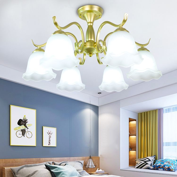Gold Semi Flush Lamp Traditional Multi-Head Bedroom Ceiling Lighting with Glass Shade