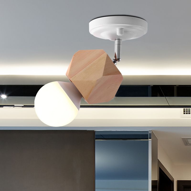 Metal Bare Bulb Semi Flush Ceiling Light Modern 1 Light White Finish Flushmount with Wood Top