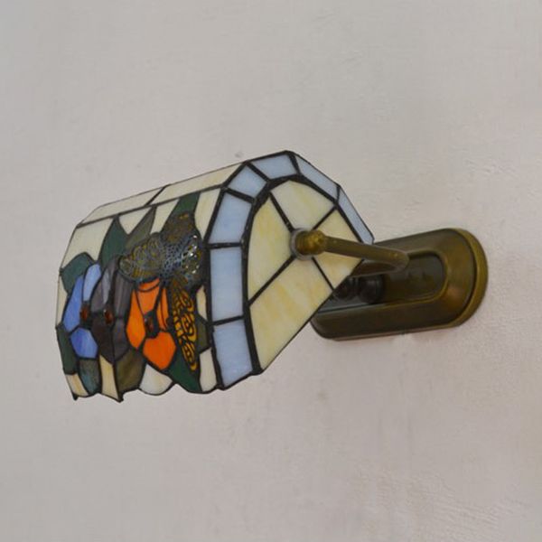 Banker Wall Light Retro Style Stained Glass 1 Light Wall Mount Fixture in Beige/Blue for Bedside