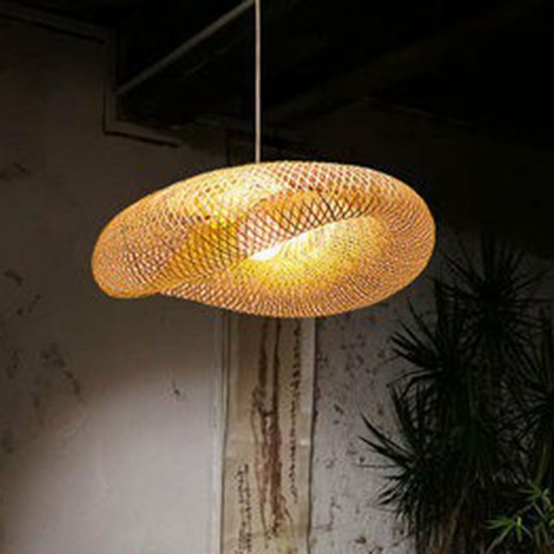 Verdrehter Anhänger Leichtes zeitgenössisches Bambus Single-Bulb Restaurant Suspension Light in Holz