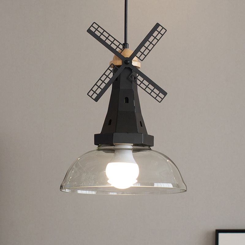 Windmill Ceiling Lighting Designer 1 Head Iron White/Black Hanging Lamp Fixture with Bowl Clear Glass Shade