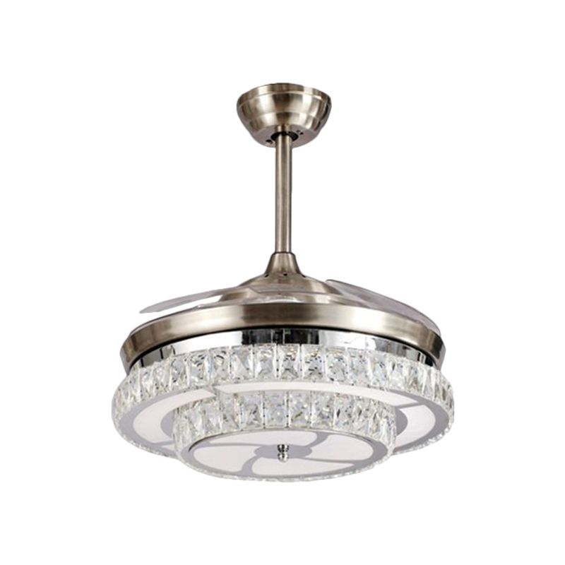Crystal Block Circle Semi Mount Lighting Modernismus LED Hanging Lüfter Licht in Chrom mit 4-Blade, 19 "breit