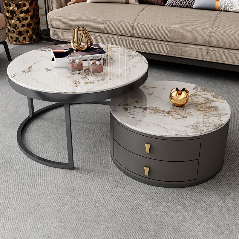 No Distressing Stone Coffee Table Frame Round Nesting Coffee Table Set with 2 Drawers