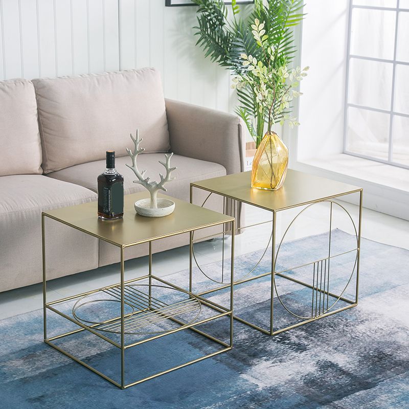 Brass Iron Frame Coffee Table Mid-Century Modern 17.7" W Square Cocktail Table