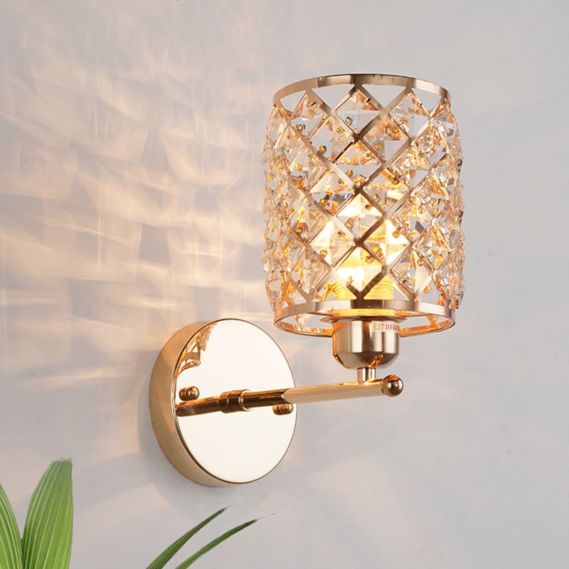 1 Lampenkristalleingefügte Wandleuchte Einfaches Goldzylindrisch -Gitter -Wohnzimmer Lampe Lampe