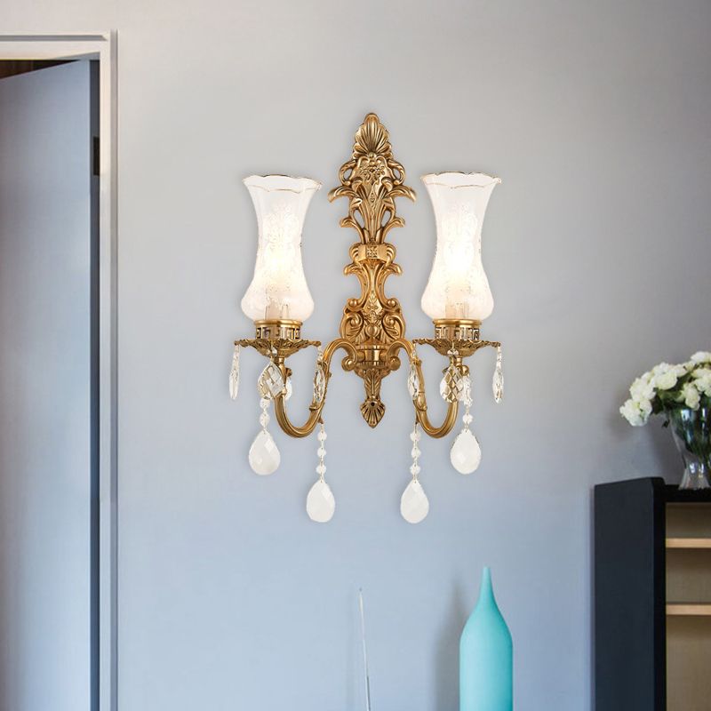 Clear Glass Vase Wall Sconce Light Vintage 2 Bulbs Living Room Wall Lamp in Brass with Dangling Crystal
