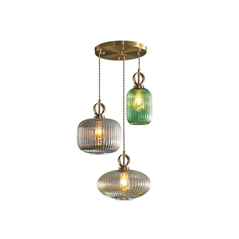 Pendante a sospensione multi-luce a forma geometrica moderna vetro a costola 3 lampadine in ottone sospensione lampada