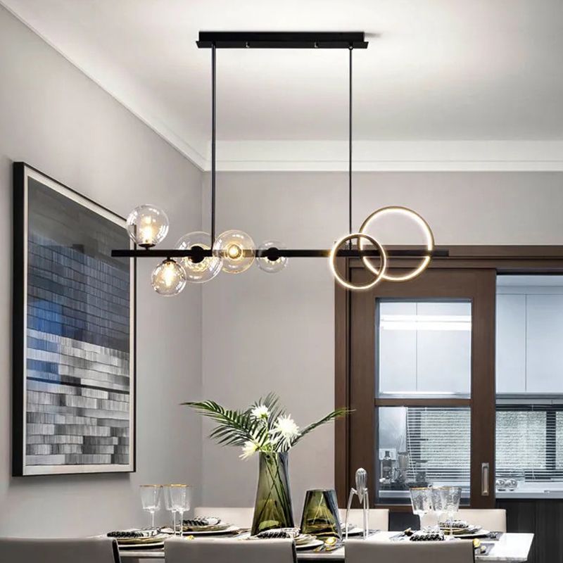 5 Light Modern Black Metal Island Pendant Lighting Clear Glass Island Ceiling Light for Dining Table