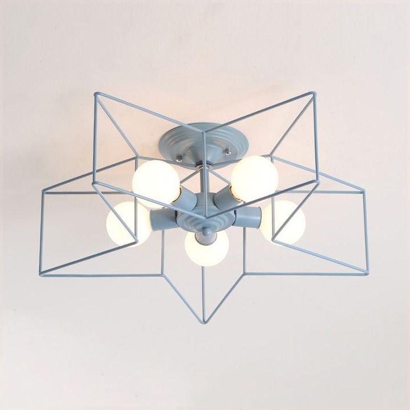 5 Bulbs Semi-Flush Ceiling Fixture with Star Cage Shade Metallic Loft Stylish Indoor Semi Flush Light in Grey/Pink