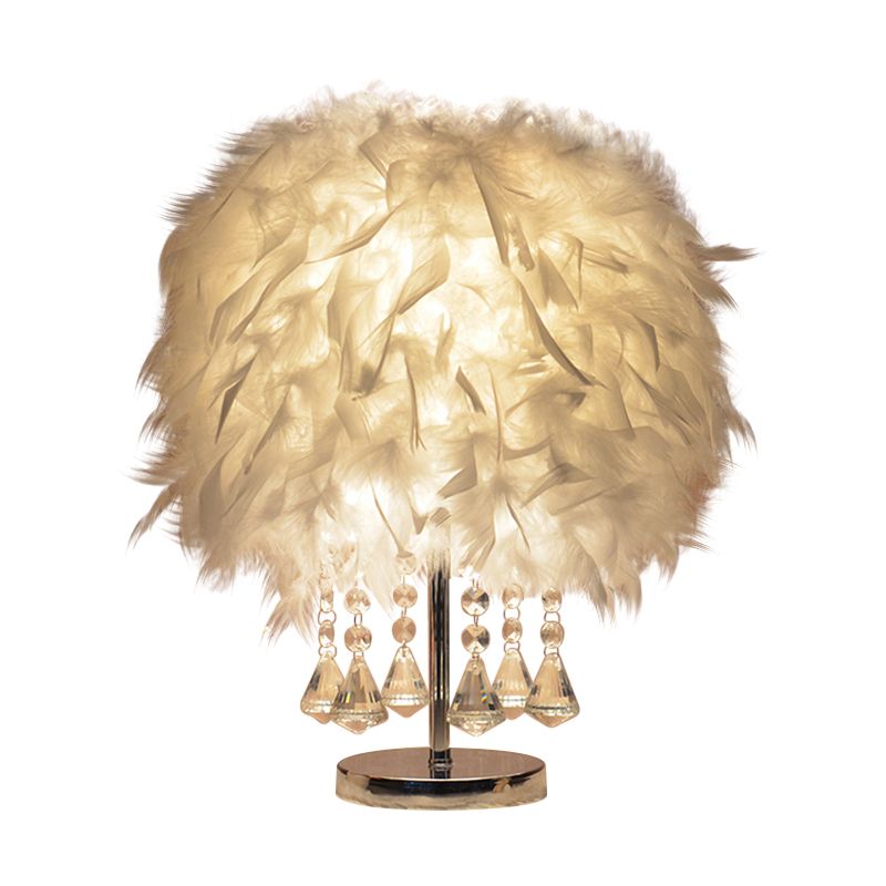 Modernist Cylinder Night Light Feather Single Bedroom Table Lamp in Pink/Peach Red/White with Crystal Strand
