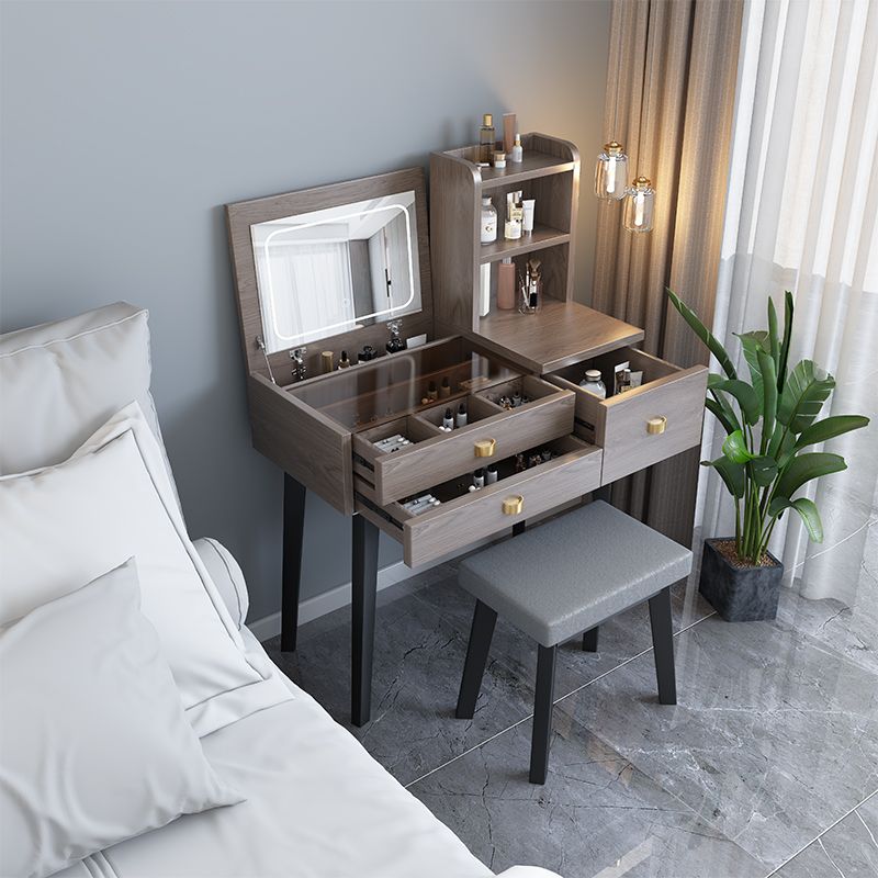 Flip-Top Vanity Table 3-Drawer Stool Vanity Set with Storage Shelves