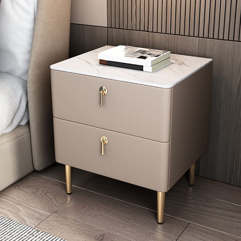 Classic Glam Accent Table Nightstand Stone Bedside Cabinet with Drawers