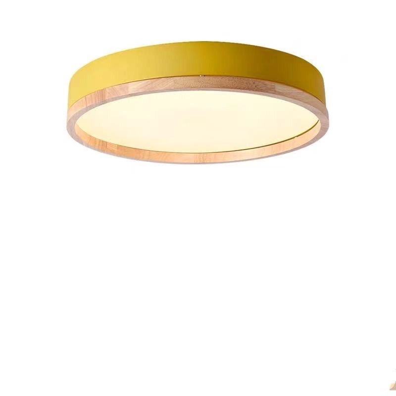Round Metal Flush Mount Lighting Fixture Macaron LED Ceiling Lamp with Wooden Rim