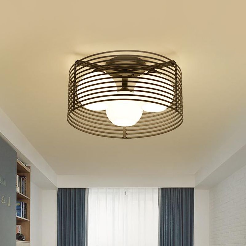 Luz de techo empotrada contemporánea de 3 cabezales con cúpula de vidrio abierta y jaula de tambor en blanco y negro