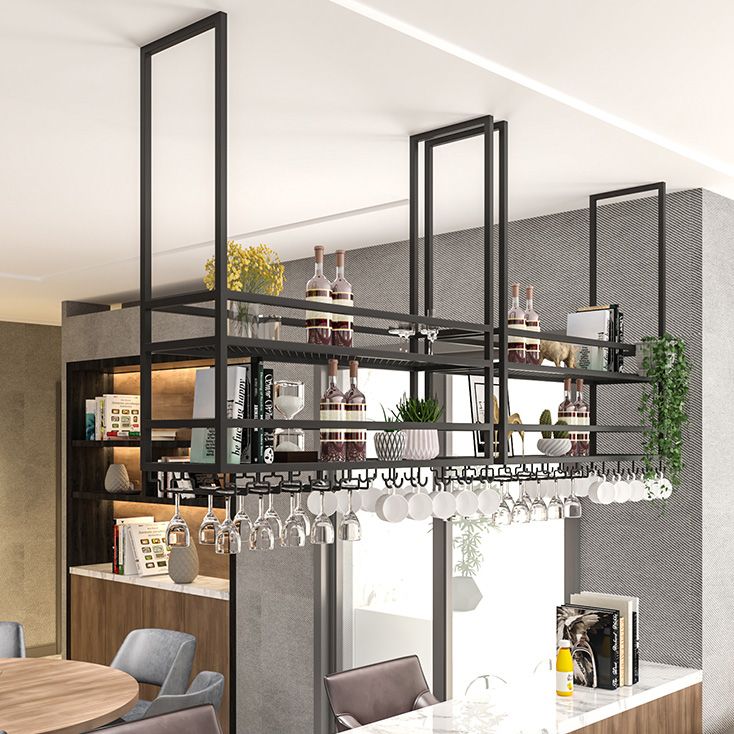 Metal Hanging Wine Glass Rack Modern Black Wine Holder with Shelves