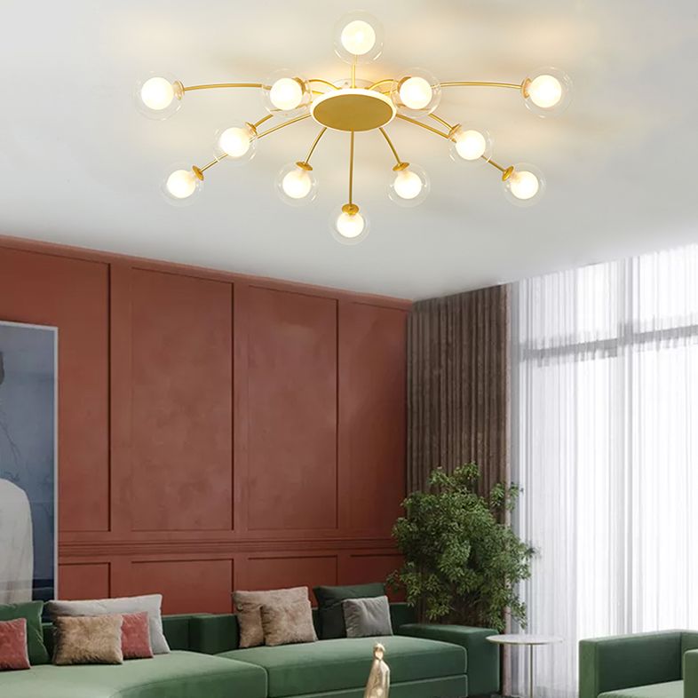 Glass Shade LED Semi Flush Mount in Modern Creative Style Sputnik Metal Ceiling Light in Gold