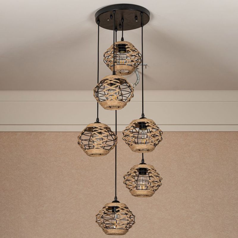 Rustic Elliptical Multi Hanging Light 3/6 Lights Rope Pendant Ceiling Lamp in Brown, Round/Linear Canopy