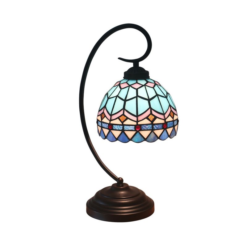 Yellow/Blue Domed Nightstand Lamp Tiffany Style 1-Light Stained Art Glass Task Lighting with Curvy Arm