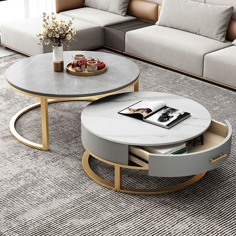 Slate Top Coffee Table Set Round Frame Cocktail Table with Storage Drawers