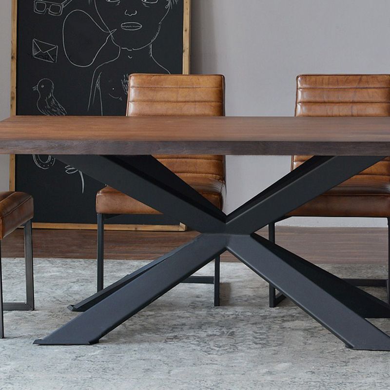 Solid Wood Brown Dining Table Industrial Black Frame Dining Room Table