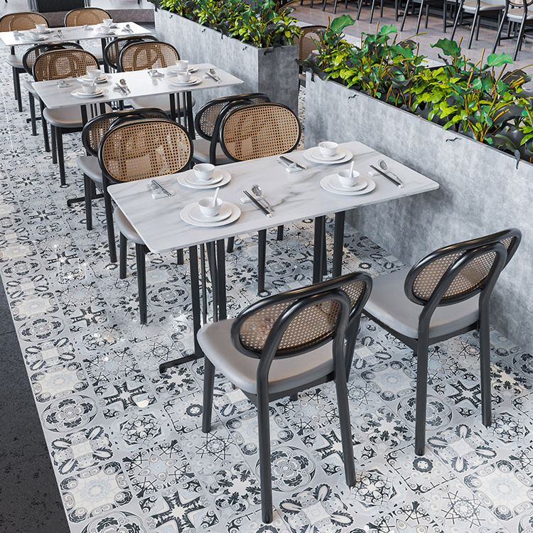 Tavolo da pranzo in stile industriale bianco tavolo da pranzo in pietra sinterizzato con cornice nera per sala da pranzo
