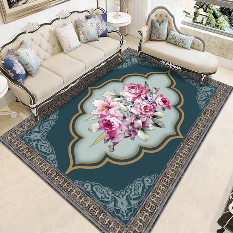 Vintage Brown Area Rug Flower Pattern Polyester Area Carpet Non-Slip Backing Rug for Living Room