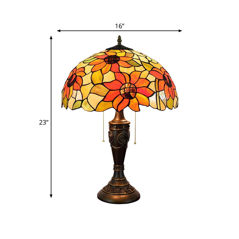 Lampe de nuit en verre rouge / orange en dôme Tiffany 2 lumières Bronze Pull Chain Table Lighling avec base sculptée