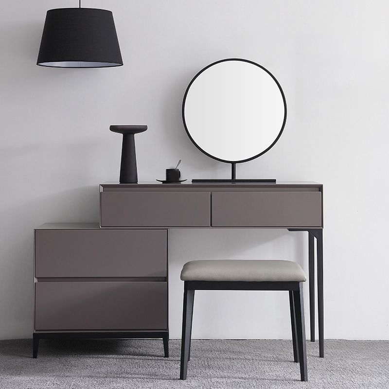 Modern Gray Vanity Mirrored Wood Makeup Dressing Table Stool Set