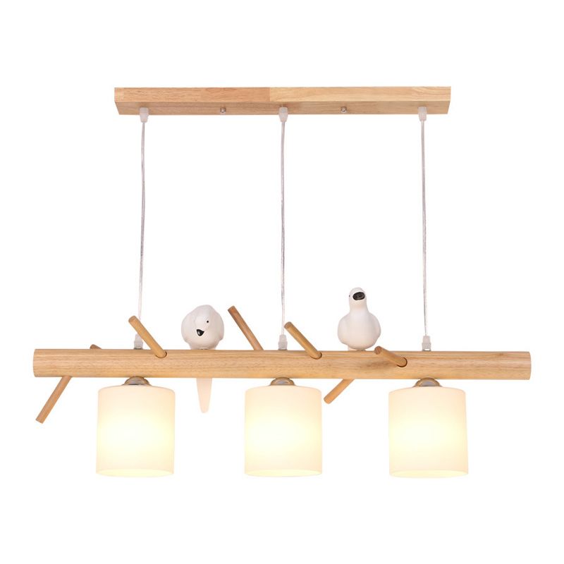 Modern Island Light Wooden Island Hanging Light with Glass Shade for Living Room