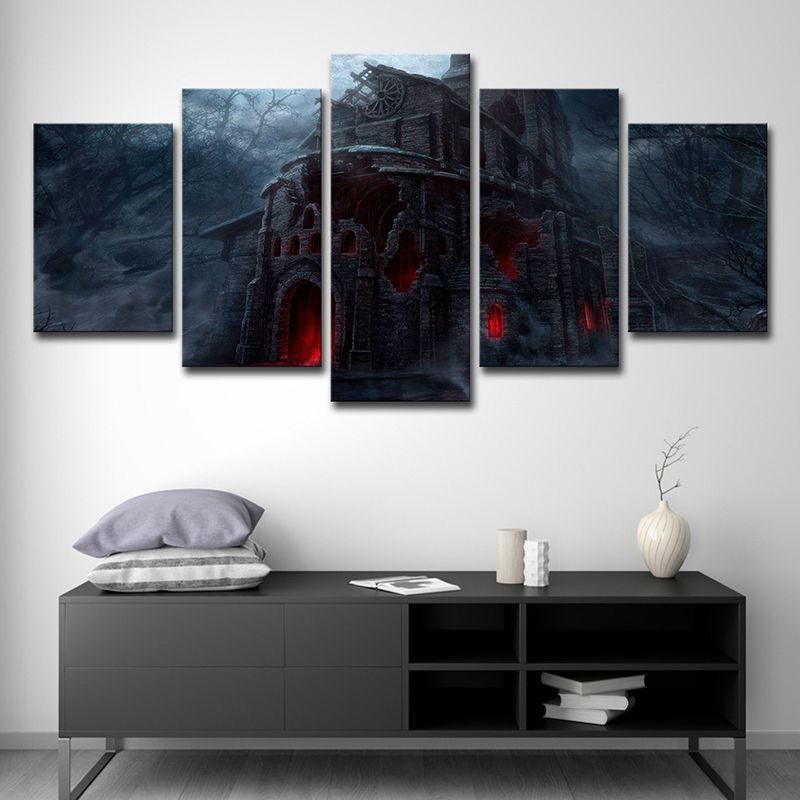 Dreary Night Castle Canvas Art House Interior Halloween Wall Decoration in Black
