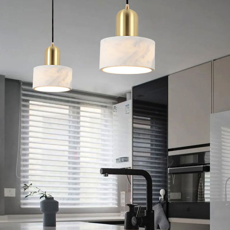 Drum Hanging Light Fixture Modern 1-Light Suspension Lamp with Stone Shade for Restaurant