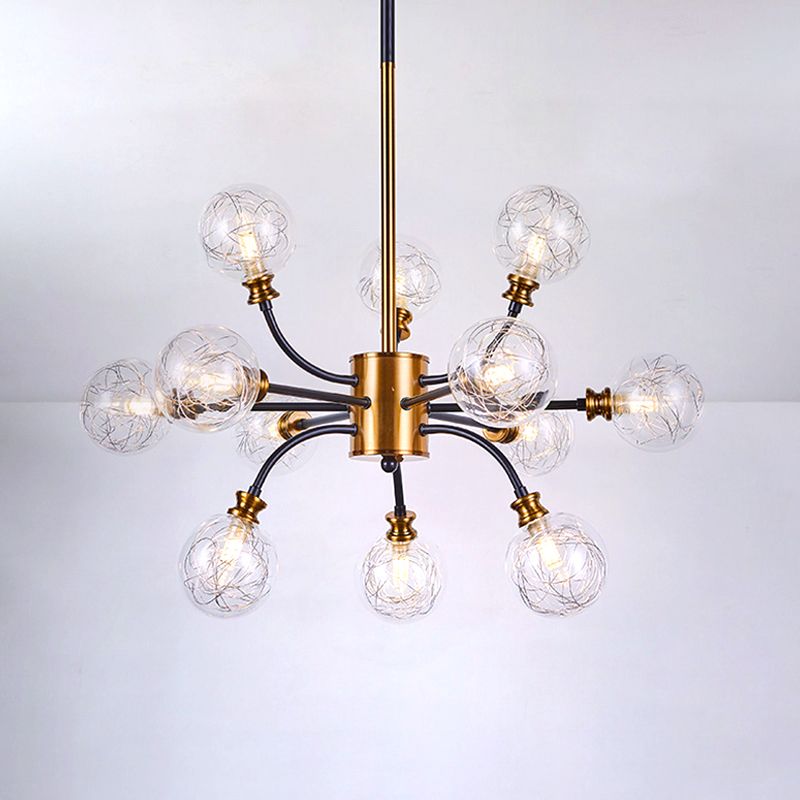 Bubble Suspended Lighting Post Modern Clear Glass 12/16-Light Black and Gold Ceiling Chandelier with Curvy Arm