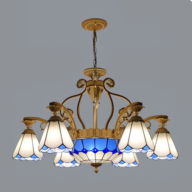 31.5"/37.5" Wide Cone Stained Glass Pendant Chandelier Baroque Style 8/11 Lights White/Blue Suspension Lighting