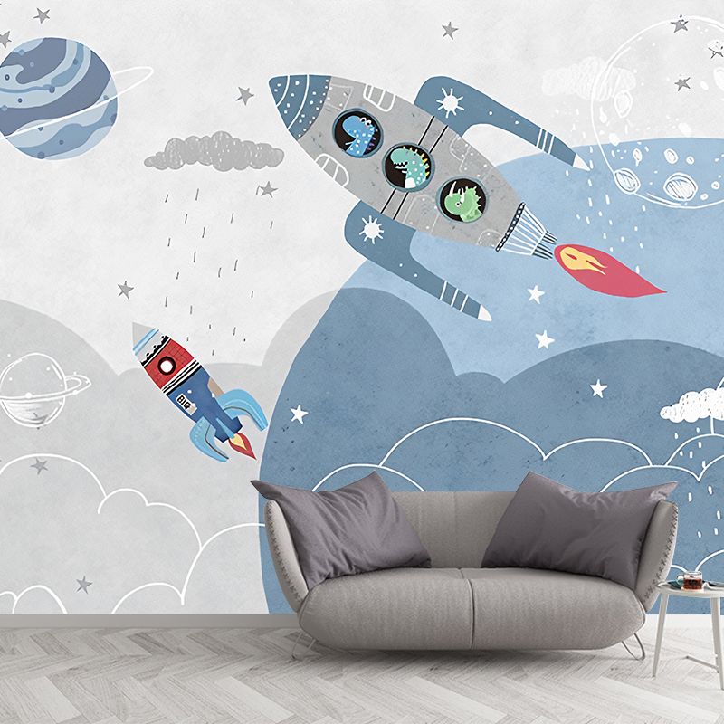 Blue and Grey Rocket Mural Waterproof Wall Covering for Children's Bedroom