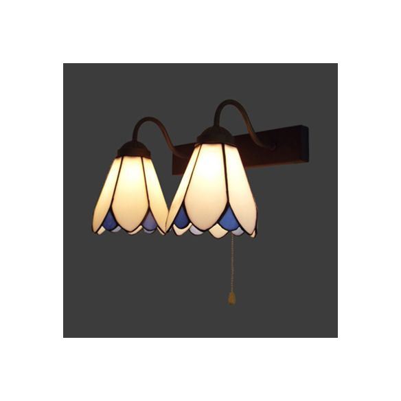 White Glass Lily Sconce Light Fixture Tiffany 2 Heads Black Wall Mount Light with Pull Chain Switch