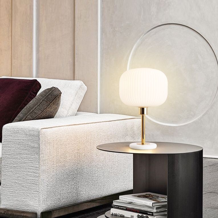 White Ribbed Glass Drum Shade Night Lamp Minimalist 1 Bulb Gold Table Light with Marble Base
