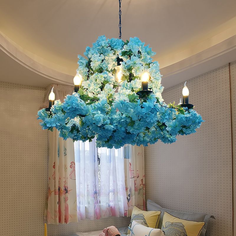 Industrial Candle Chandelier Light Fixture 6/8 Bulbs Metal LED Suspension Lighting in Blue with Cherry Blossom