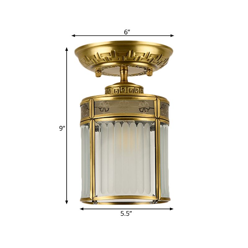 1 Light Metal Semi Mount Lighting Traditional Brass Cylinder Corridor Ceiling Lamp