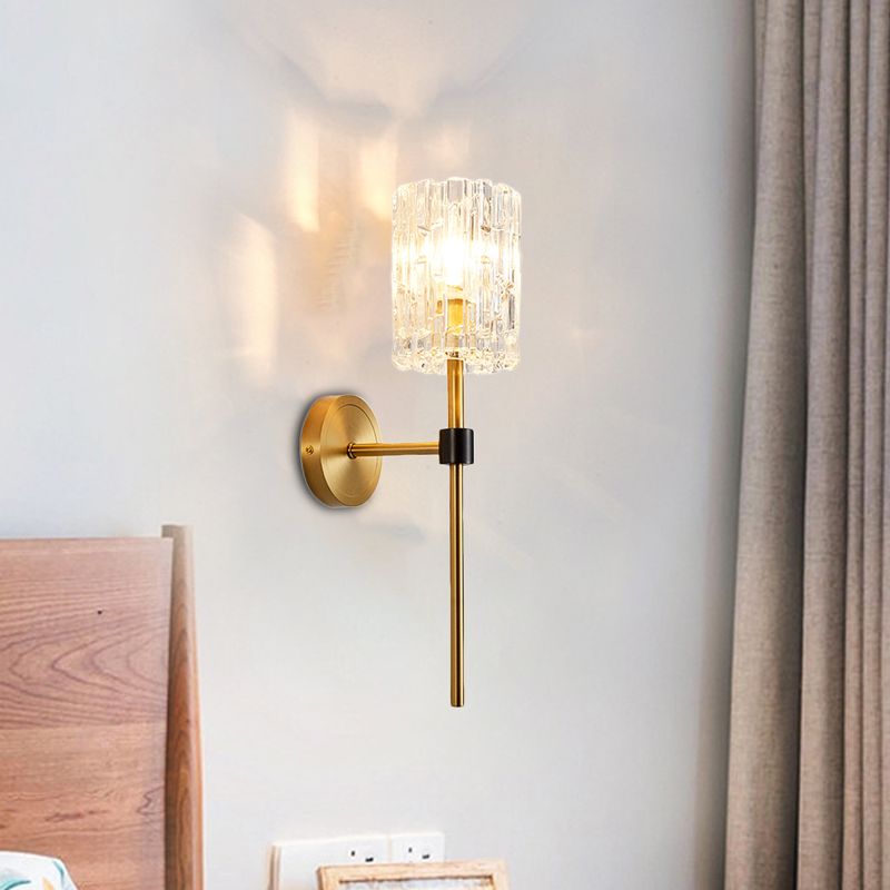 Crystal Cylindrical Wall Sconce Minimalism 1/2 Lights Brass Sconce Light Fixture for Living Room