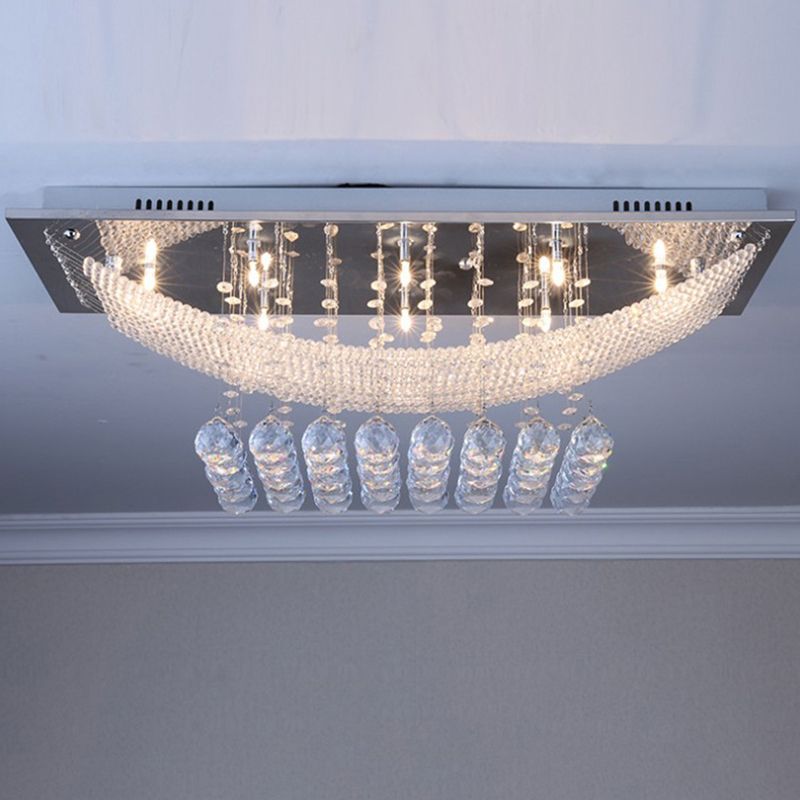 Contemporary Rectangle Flush Mount Lamp 8 Lights Crystal Ball Flushmount Light in Chrome