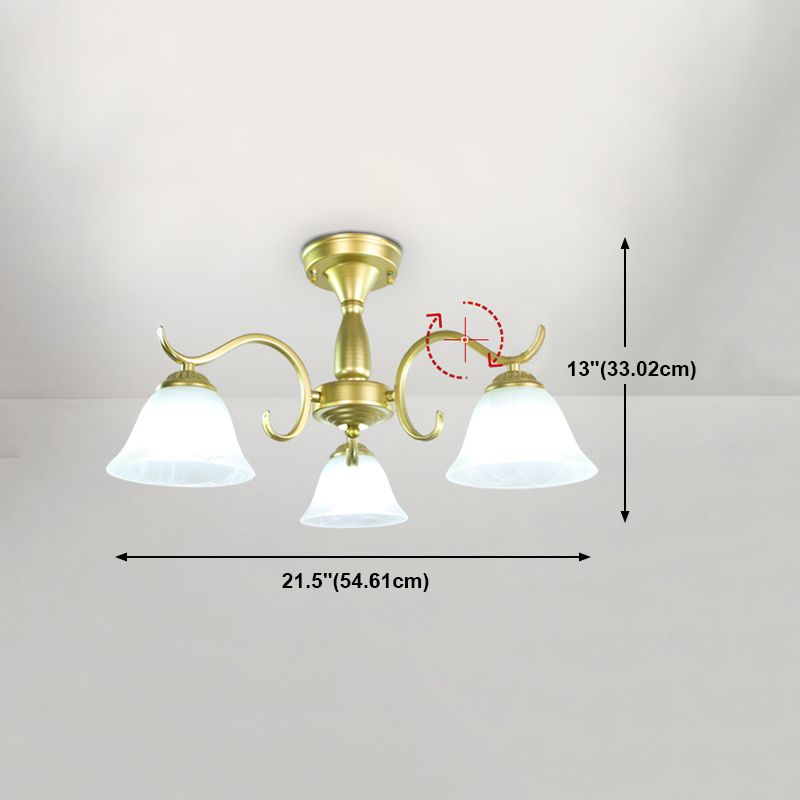 Gold Semi Flush Lamp Traditional Multi-Head Bedroom Ceiling Lighting with Glass Shade