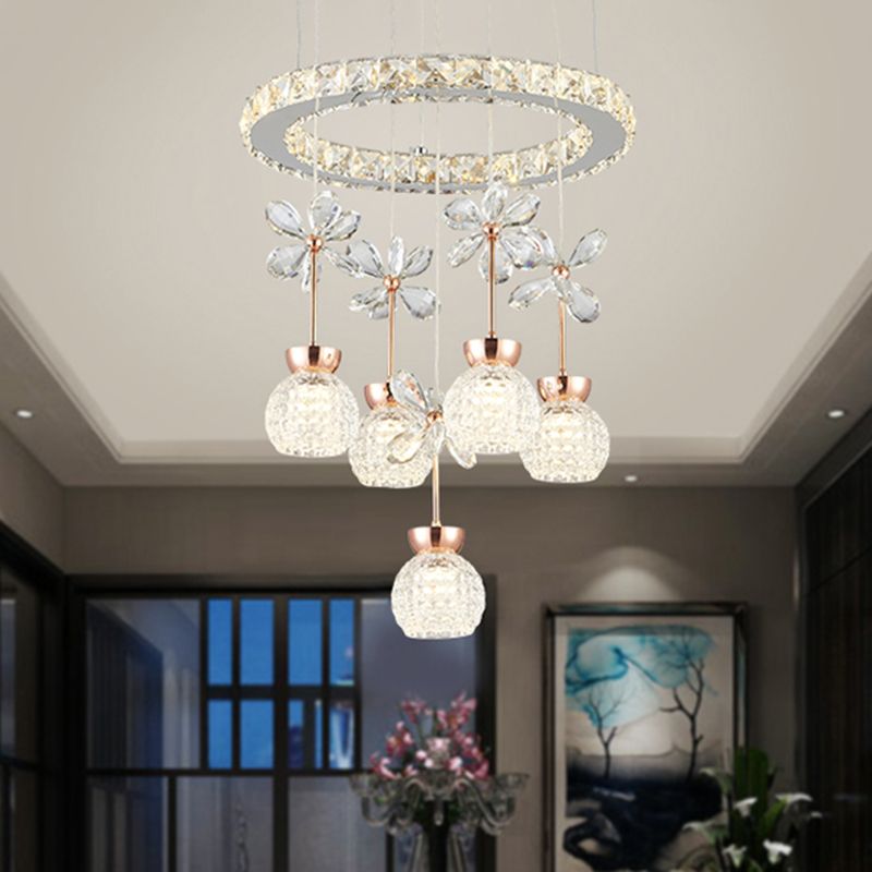 Chrome LED Hanging Lighting Modernist Clear Beveled Crystal Dome and Ring Pendulum Lamp with Flower Design