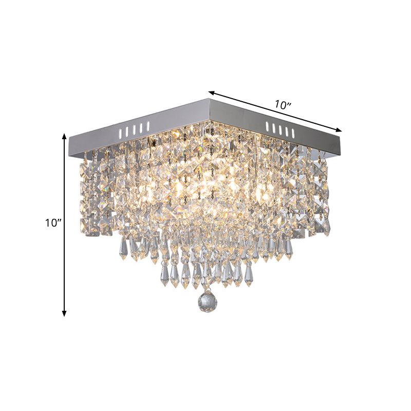 Square Corridor Ceiling Fixture Contemporary Crystal Beads 2/4 Heads Clear Flush Mount Lighting, 10"/12" Width