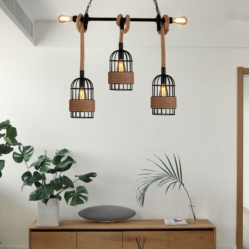 Hemp Rope Birdcage Pendant Lighting Rustic 5-Bulb Dining Room Island Light