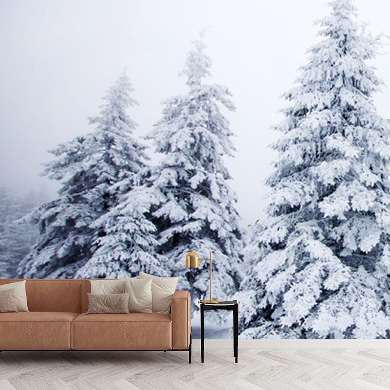 Whole Foggy Winter Landscape Mural Modern Stunning Snowy Cypress Wall Decor in White
