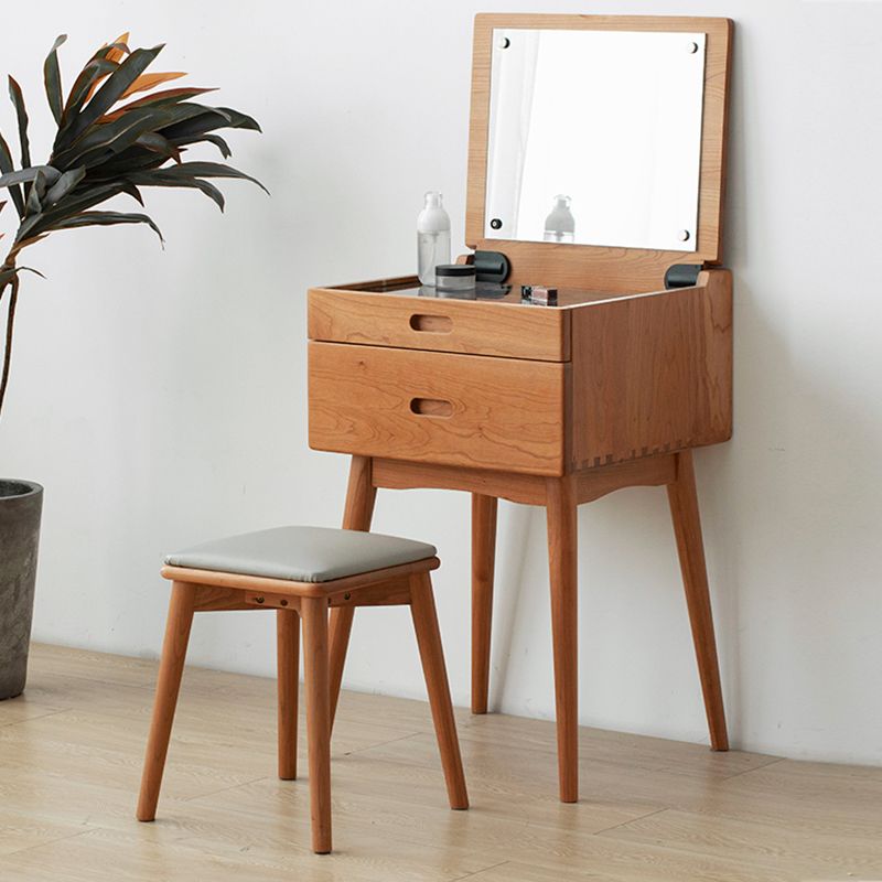 2 Drawers Natural Makeup Vanity Desk Table with Makeup Table and Stool