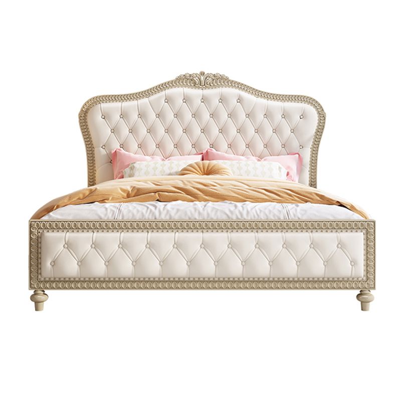 Queen Size Victorian Wood Bed Frame Tufted Upholstered Standard Bed in Beige