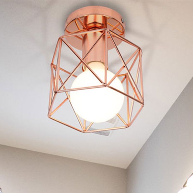 1 Bulb Ceiling Fixture with Geometric Cage Shade Iron Loft Style Bedroom Semi Flush Mount Light in Copper